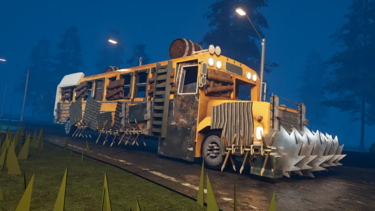 Official artwork showing the armored Last Stop bus and its front-mounted saws.